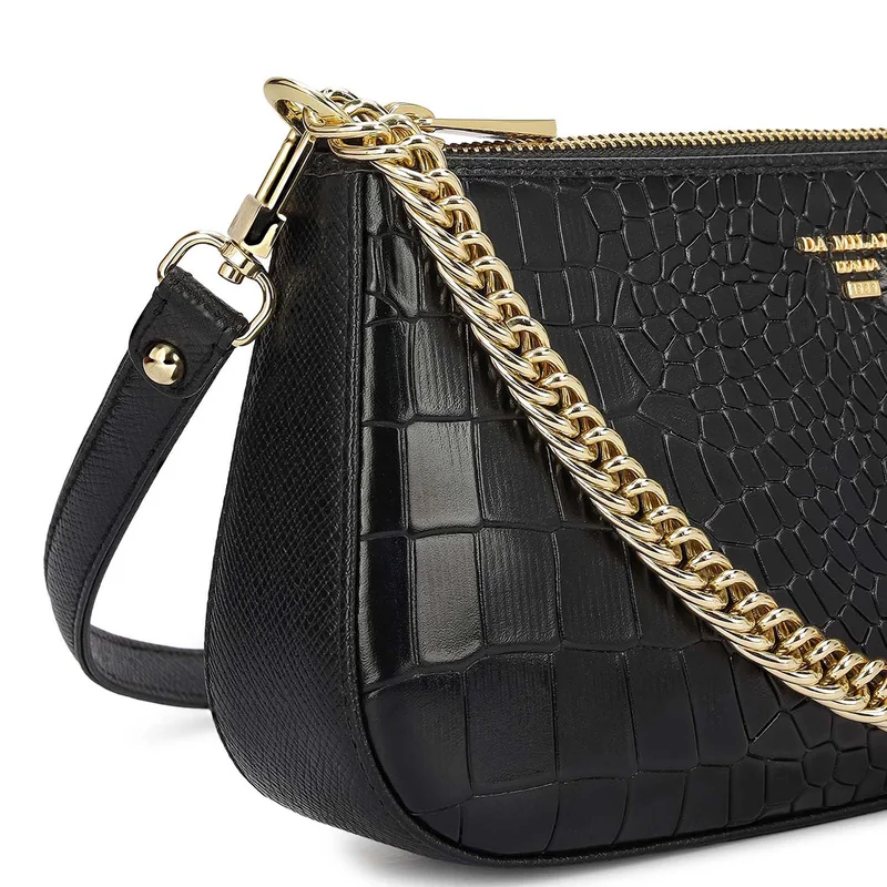 Da Milano Black Small Croco Leather Baguette - Black for Women | Best Price UAE